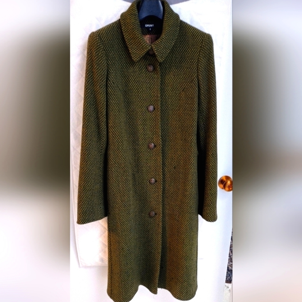 Donna Karan DKNY Green Wool Blend Maxi Coat Long Winter Trench Size 8